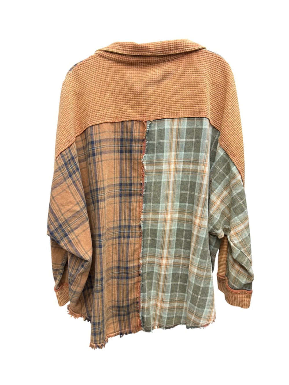 Oli & Hali Boho Patchwork Mixed Plaid Waffle Knit Raw Hem Oversized Shacket Top - Picture 4 of 9